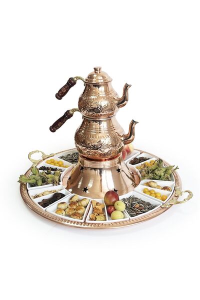 Shark Anatolia 12-Piece Breakfast Tea Presentation Set with Tray - Hand Embroidered Classic Copper Teapot, Porcelain