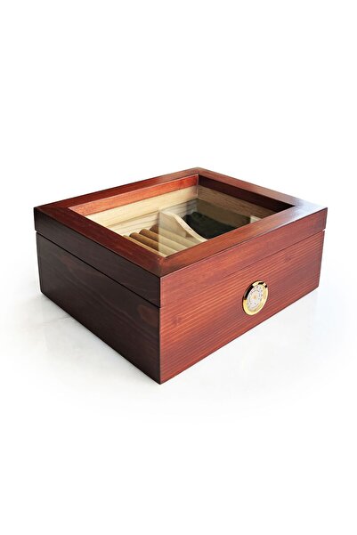 Mezmob Masif Yerli Sedir Ağacı Humidor Puro Kutusu Camlı 2 Bölmeli Analog