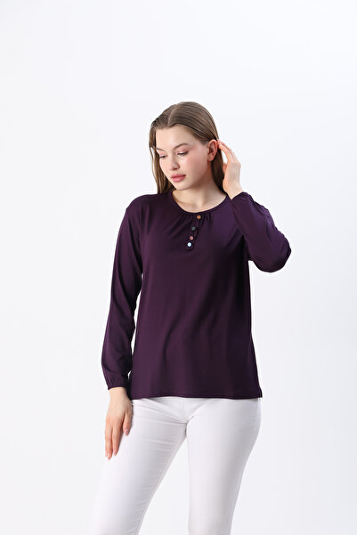 ziend fashion Kadın Likralı Orta Yaş Ve Üzeri Dört Mevsim Mor Anne Penye Bluz Düğme Desenli Lastikli Kol