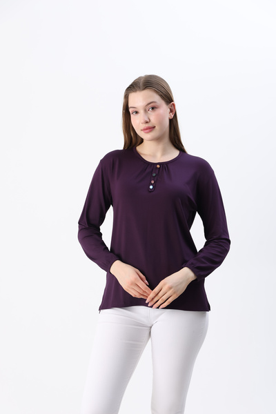 ziend fashion Kadın Likralı Orta Yaş Ve Üzeri Dört Mevsim Mor Anne Penye Bluz Düğme Desenli Lastikli Kol