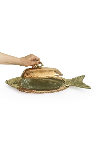 Shark Anatolia Orkinos 40 Cm Copper Fish Presentation Plate - Hand Forged with Lid