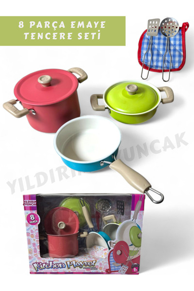 YILDIRIM OYUNCAK 8 Parça Renkli Emaye Tencere Tava Seti-Evcilik Mutfak Tencer...