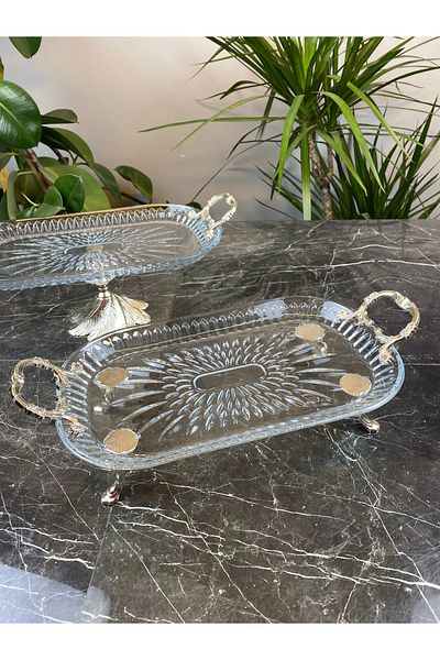 MAY HOME Luxury 2-Piece Silver Standing Vetro Glass Presentation and Serving Dish Set
