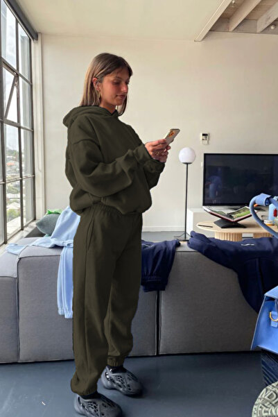 YAKAMEL Γυναικείο σετ φόρμας με κουκούλα και τσέπη καγκουρό, χοντρό, χειμεριν...