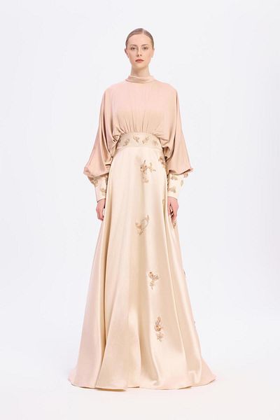 CENGIZ AKTURK Satin Long Evening Dress with Embroidery Detail - 2009C