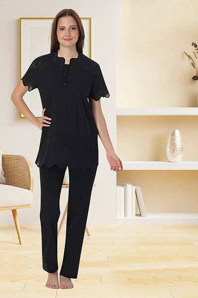 Pelin Women's Black Scalloped Linen Lace Maternity Sleepwear Suit