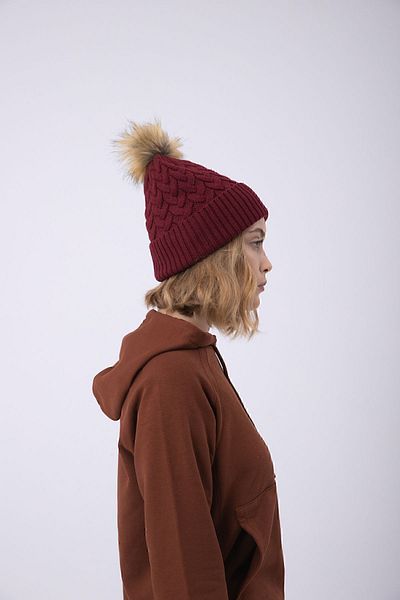 Nordbron Claret Red Women's Knitwear Deely - Soft Textured, Fur Pompom, Basic Model with Logo Detail