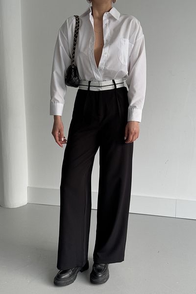 MODAGEN Women's Black Self-Belted High Waist Wide Leg Pants