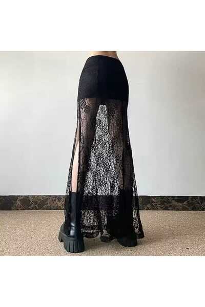 GARDIROZA Черна дантелена макси пола с цепка, макси вносна гипюр пола, мини гипюр пола с вътрешна цепка, готическа пола