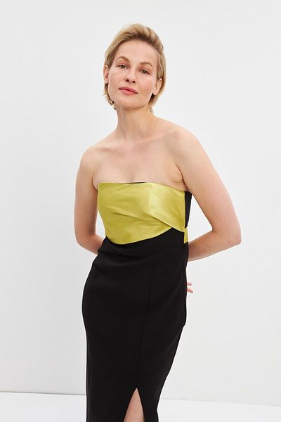 Setre Rochie midi fără bretele negru-verde cu detaliu cu fante