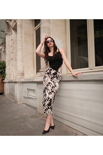 SAATEN Desenli Midi Saten Etek