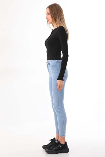 penyebizden Women's Crop Cotton Placket T-shirt-Black