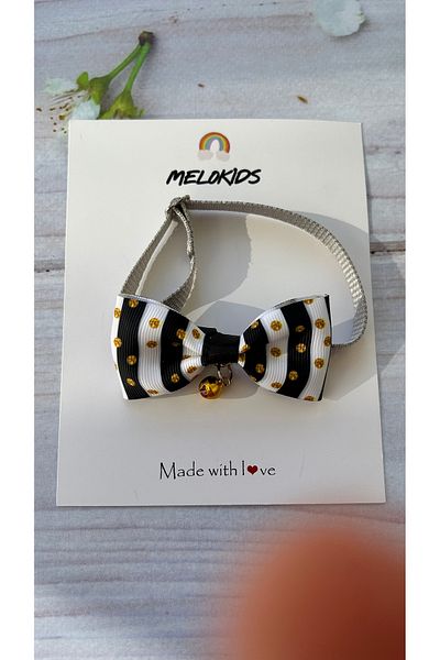 Melo Black and White Striped Pattern Gold Dot Ribbon Cat and Small Breed Dog Collar