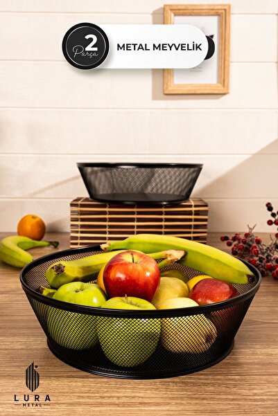 Homekolik 2'li Fileli Siyah Oval Metal Sebzelik ve Meyvelik - 30 cm Şık ve Fo...