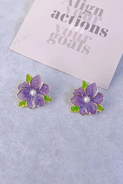 Glaren Tasarım Mor Mineli Çiçek Altın Renk Kadın Küpe