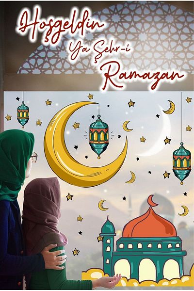 Piksel Grafik Set de autocolante de bun venit Ramadan pentru ornamente de perete din sticlă cu tematică pentru luna Ramadan - P3
