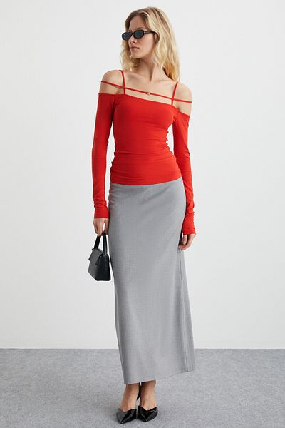 GRIMELANGE Lıadan Women's Viscon Lycra Red Blouse with Decorative Buckle and Straps