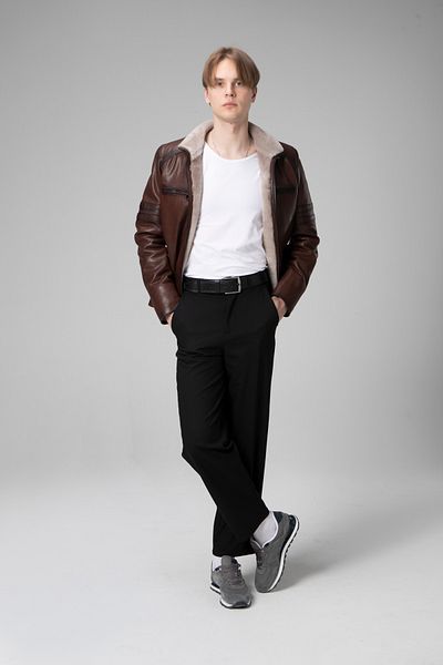 Dericlub Men's Parma Jumbo Inner Stand Collar Genuine Leather Coat Hazelnut