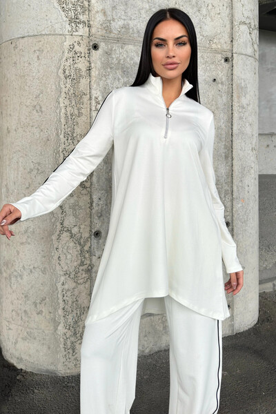 NEW LAVİVA Ecru Asymmetrical Cut, Zippered Blouse & Wide Leg Pants - Viscose Two Yarn Fabric Top & Bottom Set