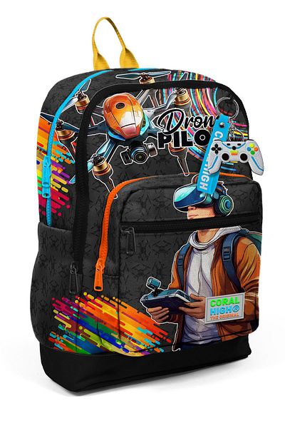 Coral High Rucsac de școală cu patru compartimente cu model pentru pilot de dronă neagră pentru copii 23780