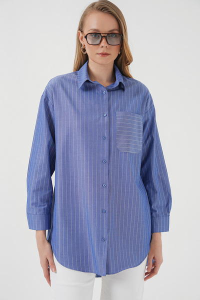 Bigdart 20217 Cep Detaylı Çizgili Oversize Gömlek - İndigo