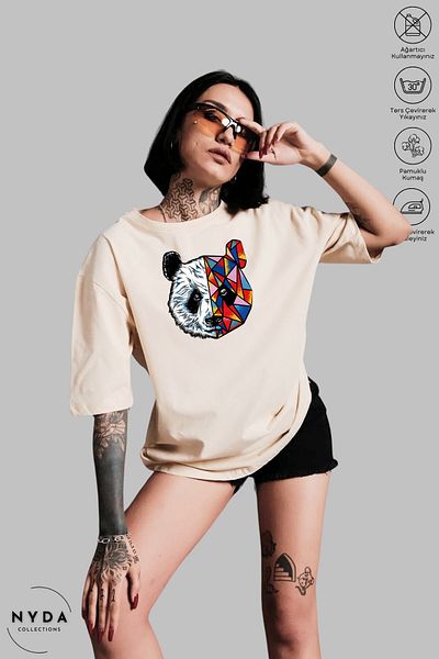 Nyda Collections Unisex Crew Neck Πολύχρωμο μπλουζάκι με στάμπα Panda από βαμβακερό υπερμεγέθη κοντομάνικο μπλουζάκι