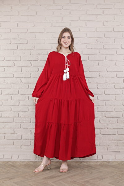 mervemoda Women's Bat Sleeve Woven Long Plus Size Dress