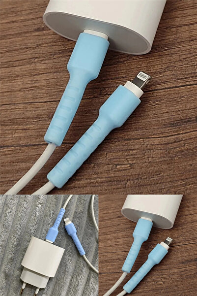 omilife Mavi iPhone Uyumlu Kablo Ucu Koruyucu Silikon Şarj Kablosu Kırılma Ön...