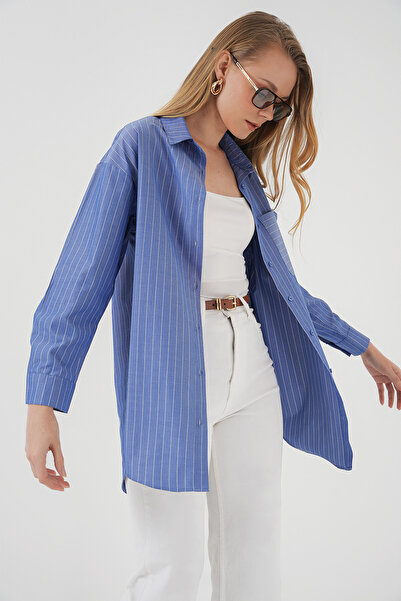 Bigdart 20217 Cep Detaylı Çizgili Oversize Gömlek - İndigo