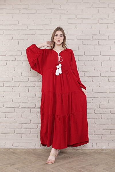 mervemoda Women's Bat Sleeve Woven Long Plus Size Dress