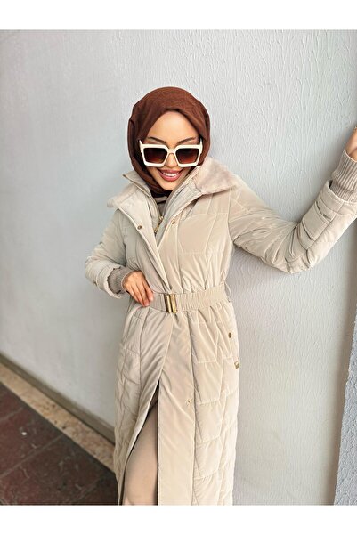 Minel Beige Belted Women's Puffer Jacket - 021