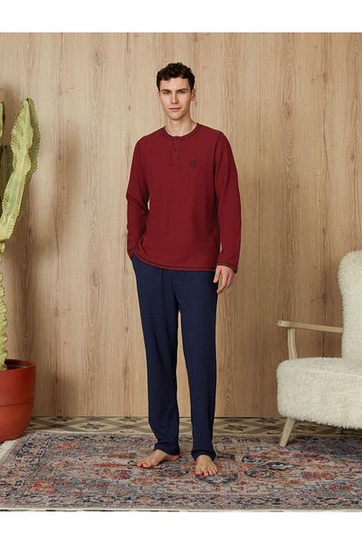 Doreanse Ανδρικό Claret Red Navy Blue πλεκτό T-shirt Σετ πιτζάμες 4794