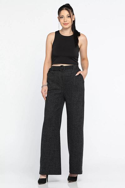 julude Black Black Women's Winter Snowflake Patterned Pleat Detailed Belted Palazzo Trousers