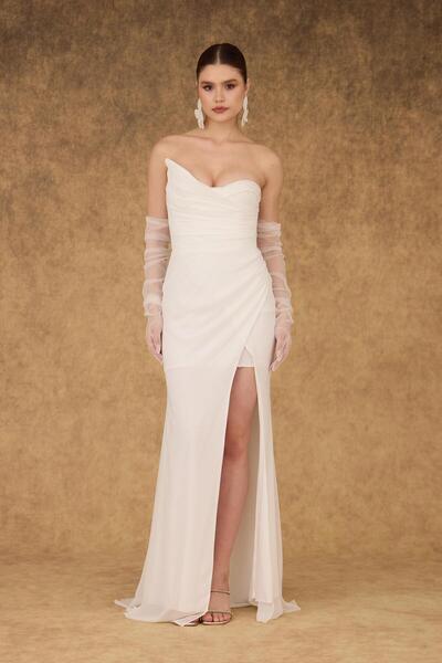 BUTİK KORİDOR Drapeli Straplez Uzun Şifon Elbise