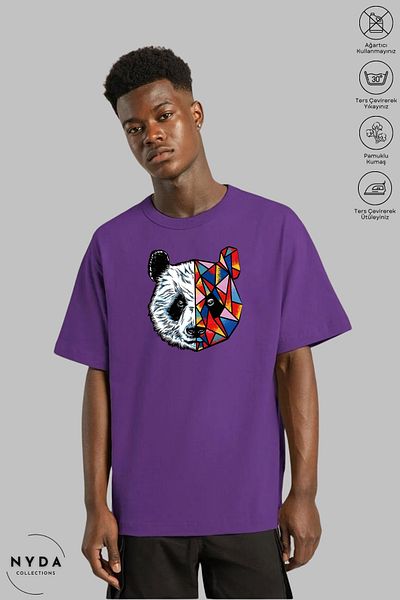 Nyda Collections Unisex Crew Neck Πολύχρωμο μπλουζάκι με στάμπα Panda από βαμβακερό υπερμεγέθη κοντομάνικο μπλουζάκι