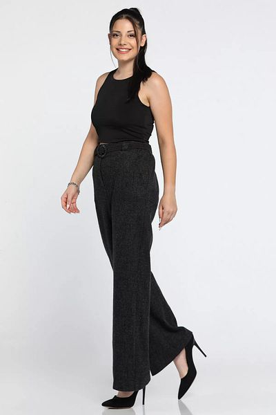 julude Black Black Women's Winter Snowflake Patterned Pleat Detailed Belted Palazzo Trousers