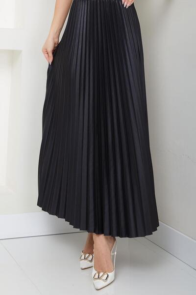 SENSTIL Fusta plisată cu aspect piele cu talie elastică neagră SS2655