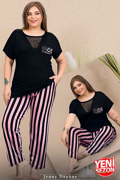 Jenny Daphne Lady Viscose Fabric Plus Size Line Print Short-Sleeve Pajamas with Tulle Detail on the Chest 11000