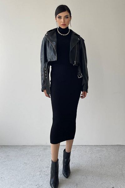 WOMAN VISION Γυναικείο μαύρο πλεκτό υφασμάτινο γιακά μίντι μολύβι βραδινό φόρεμα 308