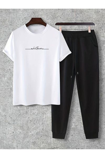 uyguntarz Weißes Unisex-Trainingsanzug-Set mit Fs-Aufdruck in Schwarz
