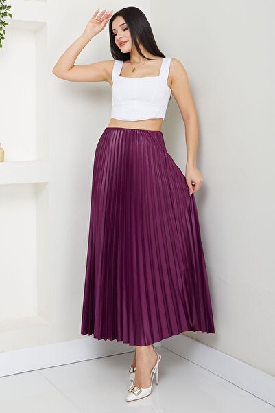 SENSTIL Fusta plisată cu aspect piele cu talie elastică violet SS2655