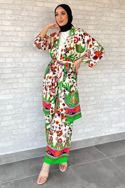 julude Stone Patterned Hijab Viscose Kimono Double Set
