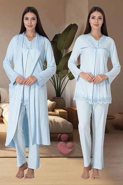 LOHOUSE Set halat și pijama din bumbac albastru - mânecă lungă, set de 4 pe lungime