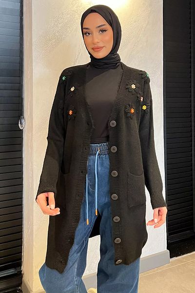julude Μαύρη φλοράλ κεντημένη πέτρα Hijab Μακριά Πλεκτή Ζακέτα