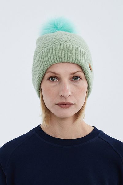 Nordbron Women's Mint Green Knitwear Acrylic Soft Beanie Pompom Stretchy Knitwear Winter Folded Basic Korg