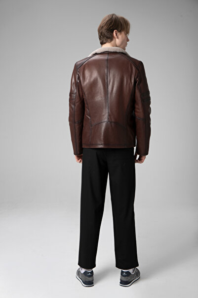 Dericlub Men's Parma Jumbo Inner Stand Collar Genuine Leather Coat Hazelnut