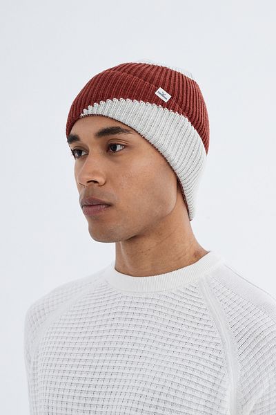 Nordbron Men's Burgundy Knitwear Tause - Soft Pattern, Beanie Color Block, Stretchy Double Fold, Winter Logo