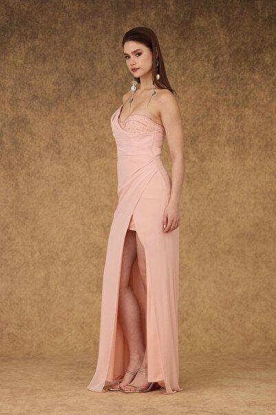 BUTİK KORİDOR Drapeli Straplez Uzun Şifon Elbise