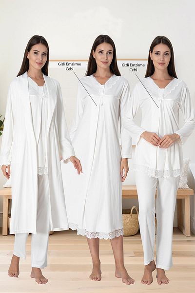 LOHOUSE Set halat și pijama pentru femei Ecru - mânecă lungă, bumbac, set de 4