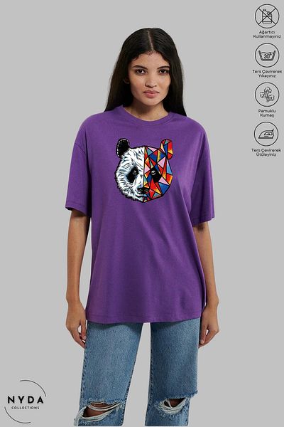 Nyda Collections Unisex Crew Neck Πολύχρωμο μπλουζάκι με στάμπα Panda από βαμβακερό υπερμεγέθη κοντομάνικο μπλουζάκι
